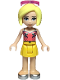 Minifig No: frnd0347  Name: Friends Roxy - Coral Halter Top with Bright Light Green Leaves, Yellow Skirt, Silver Shoes, Sunglasses