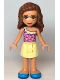 Minifig No: frnd0364  Name: Friends Olivia (Nougat) - Bright Light Yellow Skirt, Dark Pink Top, Dark Azure Shoes
