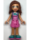 Minifig No: frnd0496  Name: Friends Olivia (Nougat) - Dark Pink Overalls, Dark Turquoise Top