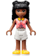 Minifig No: frnd0515  Name: Friends Priyanka - Coral Knotted Blouse with White Swirls, White Shorts, Yellow Shoes
