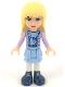 Minifig No: frnd053  Name: Friends Stephanie - Bright Light Blue Layered Skirt, Medium Lavender Jacket, Scarf