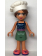 Minifig No: frnd0539  Name: Friends Olivia (Nougat) - Sand Green Skirt, Dark Blue Top with Metallic Pink Belt, White Chef Toque with Hair