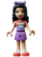 Minifig No: frnd0565  Name: Friends Emma - Coral and Lavender Top with Cat Head, Medium Lavender Skirt, White Shoes with Coral Soles, Lavender Bow