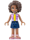 Minifig No: frnd0586  Name: Friends Aliya - Medium Lavender Vest, Dark Blue Skirt, Metallic Pink Sandals