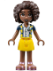 Minifig No: frnd0609  Name: Friends Aliya - Dark Blue Vest with Diamonds over White Blouse, Yellow Skirt, Metallic Pink Sandals