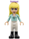 Minifig No: frnd068  Name: Friends Stephanie - Light Aqua Long Sleeve Top with Collar, White Pants, Black Boots, Lavender Bow