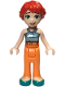 Minifig No: frnd0681  Name: Friends Mia (Adult) - Metallic Blue Halter Top, Orange Pants, Dark Turquoise Shoes