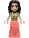 Minifig No: frnd0683  Name: Friends Emma (Adult) - Pleated Coral Skirt, Dark Blue, Medium Lavender, Yellow, Green, and White Top