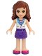 Minifig No: frnd111  Name: Friends Olivia (Light Nougat) - Dark Purple Skirt, White Top with Medium Azure Collar, Striped Inset