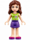 Minifig No: frnd137  Name: Friends Olivia (Light Nougat) - Dark Purple Skirt, Lime Top with Heart Electron Orbitals