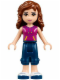 Minifig No: frnd144  Name: Friends Olivia (Light Nougat) - Dark Blue Cropped Trousers, Magenta Top with Yellow and Dark Purple Stripes