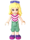 Minifig No: frnd168  Name: Friends Naya - Sand Green Cropped Trousers, Magenta and White V-Striped Top, Sunglasses