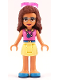 Minifig No: frnd263  Name: Friends Olivia (Nougat) - Bright Light Yellow Skirt, Dark Pink Top, Sunglasses