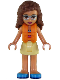Minifig No: frnd266  Name: Friends Olivia (Nougat) - Bright Light Yellow Skirt, Dark Pink and Dark Azure Swimsuit Top, Life Jacket