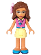 Minifig No: frnd281  Name: Friends Olivia (Nougat) - Bright Light Yellow Skirt, Dark Pink Top, Flower