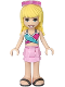 Minifig No: frnd330  Name: Friends Stephanie - Bright Pink Layered Skirt, Magenta and Medium Blue Swimsuit Top, Sunglasses
