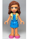Minifig No: frnd351  Name: Friends Olivia (Nougat) - Dark Azure Skirt and Top with Bright Light Yellow Vest, Dark Pink Shoes