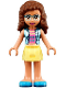Minifig No: frnd391  Name: Friends Olivia (Nougat) - Bright Light Yellow Skirt, Dark Pink Top with Blue Jacket