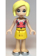 Minifig No: frnd422  Name: Friends Roxy - Coral Halter Top with Bright Light Green Leaves, Yellow Skirt, Silver Shoes