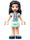 Minifig No: frnd438  Name: Friends Emma - White Top with Paw Print Undershirt, Light Aqua Skirt, Dark Blue Shoes with Straps, Dark Purple Bow