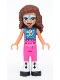 Minifig No: frnd447  Name: Friends Olivia (Nougat) - Metallic Light Blue and White Face Paint, Dark Pink Pants, Black and White Leggings and Shoes