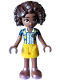 Minifig No: frnd609  Name: Friends Aliya - Dark Blue Vest with Diamonds over White Blouse, Yellow Skirt, Metallic Pink Sandals