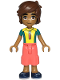 Minifig No: frnd654  Name: Friends Leo - Dark Turquoise and Yellow Wetsuit, Coral Cropped Trousers, Medium Nougat Legs, Dark Blue Shoes