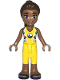 Minifig No: frnd655  Name: Friends Kayla - Yellow Sleeveless Wetsuit, Yellow Trousers Cropped Large Pockets, Medium Brown Legs, Dark Blue Sandals