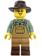 Minifig No: fst057  Name: Mine Cart Driver - Female, Medium Nougat Overalls over Sand Green Shirt, Reddish Brown Boots, Dark Brown Fedora