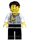 Minifig No: fus001  Name: Striped Vest with Yellow Striped Scarf, Black Legs, Dark Brown Tousled Hair
