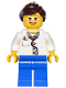 Minifig No: game012  Name: Doctor - Lab Coat Stethoscope and Thermometer, Blue Legs, Dark Brown Ponytail and Swept Sideways Fringe, Glasses and Smile