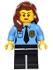 Minifig No: game013  Name: Police - Female Officer, Black Legs, Reddish Brown Hair Mid-Length with Part over Right Shoulder, Crow's Feet and Beauty Mark