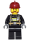 Minifig No: game015  Name: Fire - Reflective Stripes with Utility Belt, Black Legs, Dark Red Fire Helmet, Brown Beard Rounded