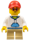 Minifig No: gen106  Name: Child - Boy, White Hoodie with Medium Blue Pocket, Tan Short Legs, Red Cap, Glasses, Freckles