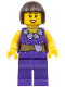 Minifig No: hol053  Name: Female Dark Purple Blouse with Gold Sash and Flowers, Dark Purple Legs, Dark Brown Bob Cut Hair