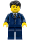 Minifig No: hol054  Name: Businessman - Pinstripe Jacket and Gold Tie, Dark Blue Legs, Black Short Tousled Hair, Smirk and Stubble