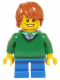 Minifig No: hol058  Name: Child - Boy, Green V-Neck Sweater, Blue Short Legs, Dark Orange Tousled Hair, Freckles