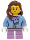 Minifig No: hol059  Name: Medium Blue Jacket with Light Purple Scarf, Medium Lavender Short Legs, Reddish Brown Female Hair over Shoulder