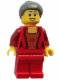 Minifig No: hol072  Name: Female Corset with Gold Panel Front and Lace Up Back Pattern, Red Legs, Dark Bluish Gray Hair with Top Knot Bun (Thanksgiving Mom)