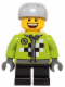 Minifig No: hol073  Name: Lime Jacket with Wrench and Black and White Checkered Pattern, Short Black Legs, Sports Helmet with Vent Holes