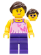 Minifig No: hol083  Name: Girl, Bright Pink Top with Butterflies and Flowers, Dark Purple Legs, Dark Brown Ponytail and Swept Sideways Fringe