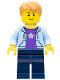 Minifig No: hol084  Name: Boy, Bright Light Blue Hoodie with White Star, Dark Blue Legs, Medium Nougat Hair Short Tousled with Side Part