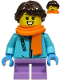 Minifig No: hol215  Name: Girl - Medium Azure Winter Jacket, Medium Lavender Short Legs, Dark Brown Hair, Orange Scarf