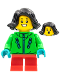 Minifig No: hol275  Name: Child - Girl, Bright Green Jacket, Red Short Legs, Black Hair