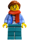 Minifig No: hol333  Name: Wintertime Carriage Passenger - Female, Bright Light Blue Jacket over White Shirt with Coral Flowers, Dark Turquoise Legs, Dark Orange Ponytail, Freckles, Red Scarf