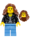 Minifig No: hol336  Name: Woman - Black Jacket over Striped Shirt, Medium Blue Legs, Reddish Brown Long Hair
