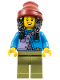 Minifig No: hol347  Name: Woman - Dark Azure Jacket over Silver Shirt, Olive Green Legs, Black Hair, Dark Red Beanie