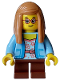 Minifig No: hol352  Name: Child - Girl, Bright Light Blue Jacket over White Shirt with Coral Flowers, Reddish Brown Short Legs, Medium Nougat Hair Long, Red Glasses