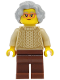 Minifig No: hol410  Name: Grandmother - Tan Knit Cable Sweater, Reddish Brown Legs, Light Bluish Gray Short Wavy Hair