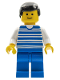 Minifig No: hor004  Name: Horizontal Lines Blue - White Arms - Blue Legs, Black Male Hair, White Arms